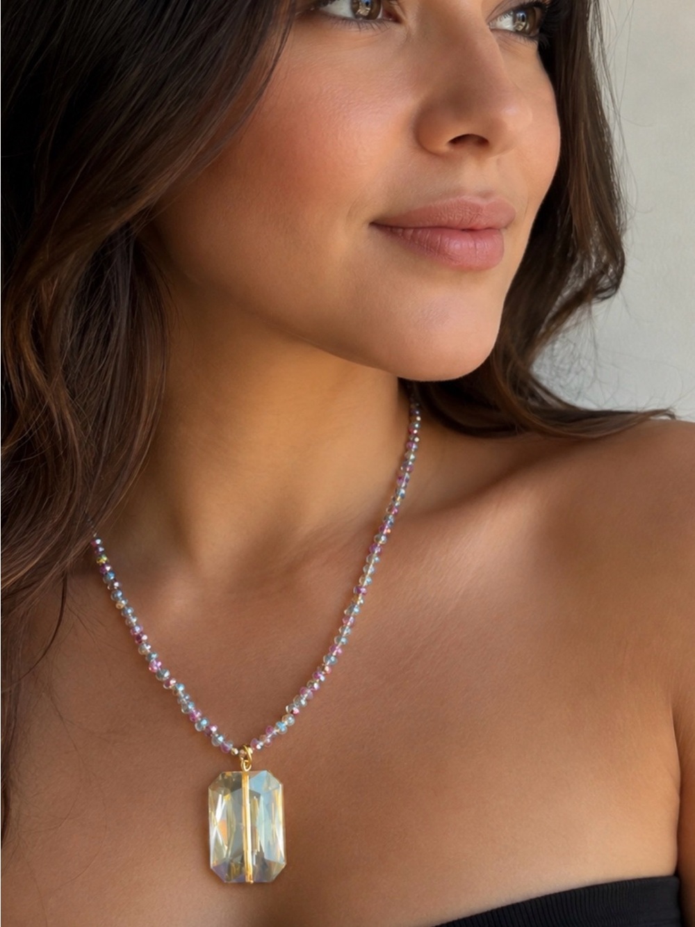 Fantasy Crystal Pendant Beaded Necklace in Iridescent Multicolor